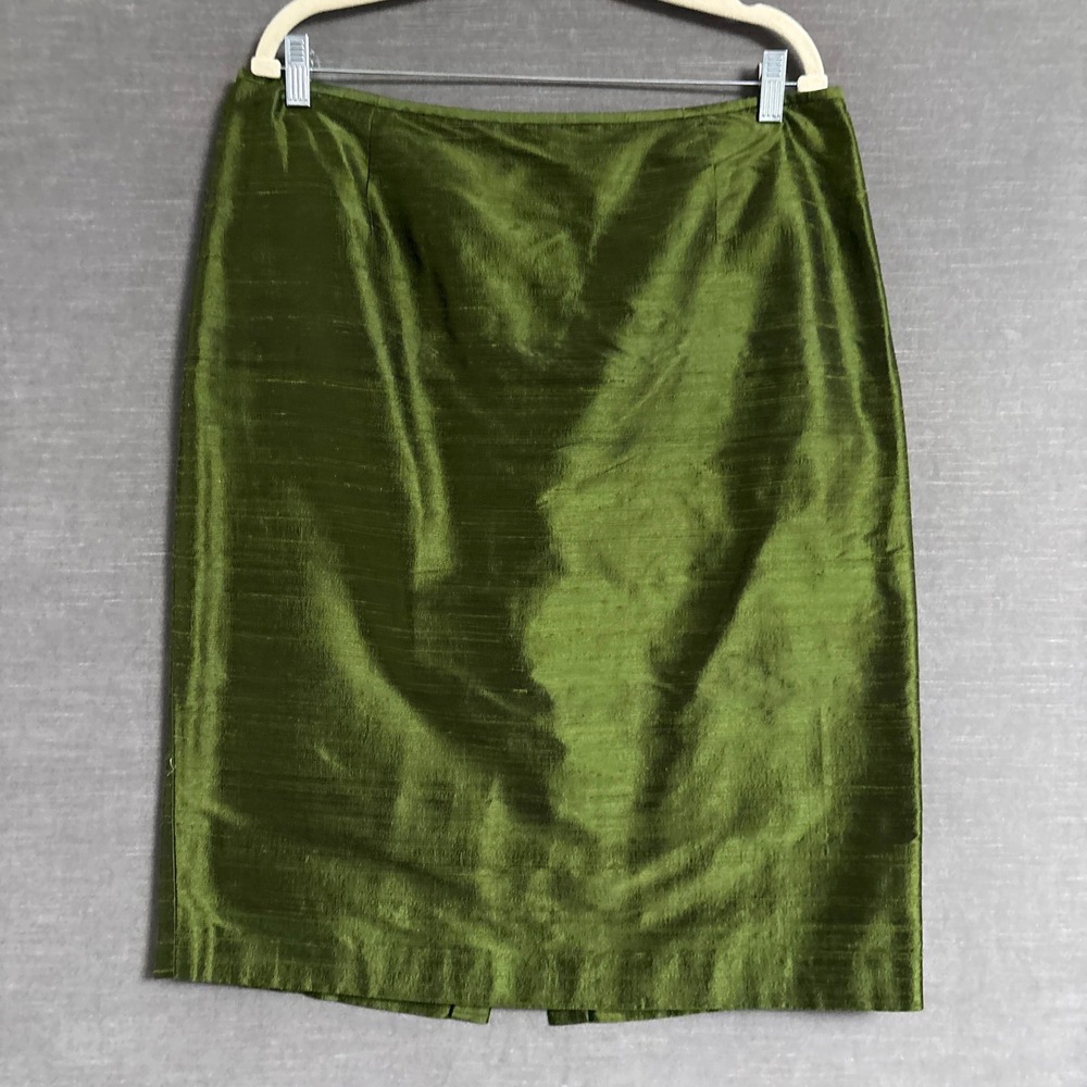 Lafayette 148 Skirt 16 Green Silk Satin Slub Texture Pencil Straight Cocktail